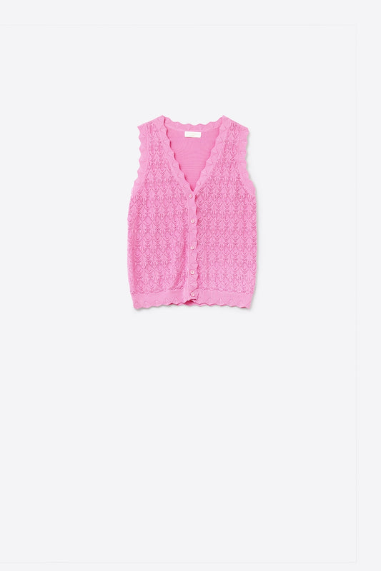 Pointelle Knitted Vest With Scalloped Edges in Fuchsia - Sweaters