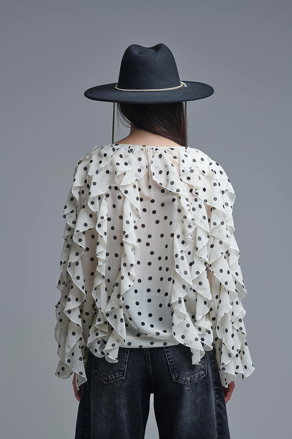 Polka Dot Button-Up chiffon Shirt with Ruffles - Shirts