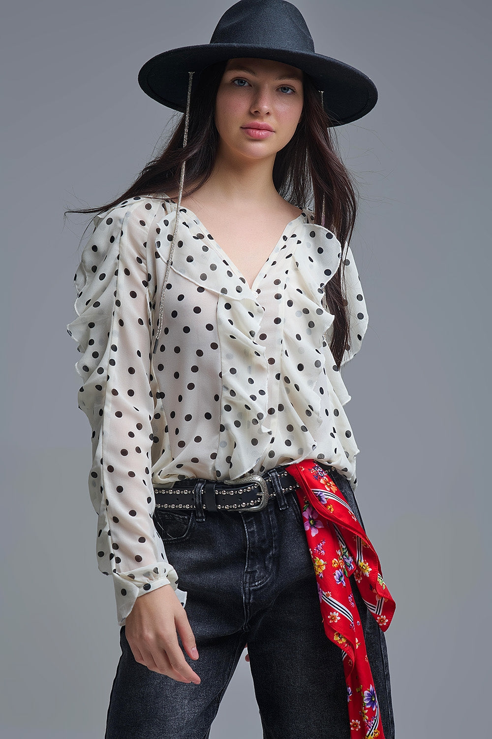 Polka Dot Button-Up chiffon Shirt with Ruffles - Shirts