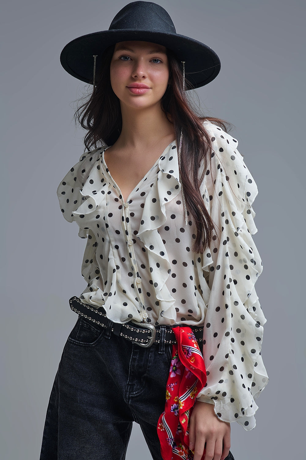 Polka Dot Button-Up chiffon Shirt with Ruffles - Shirts