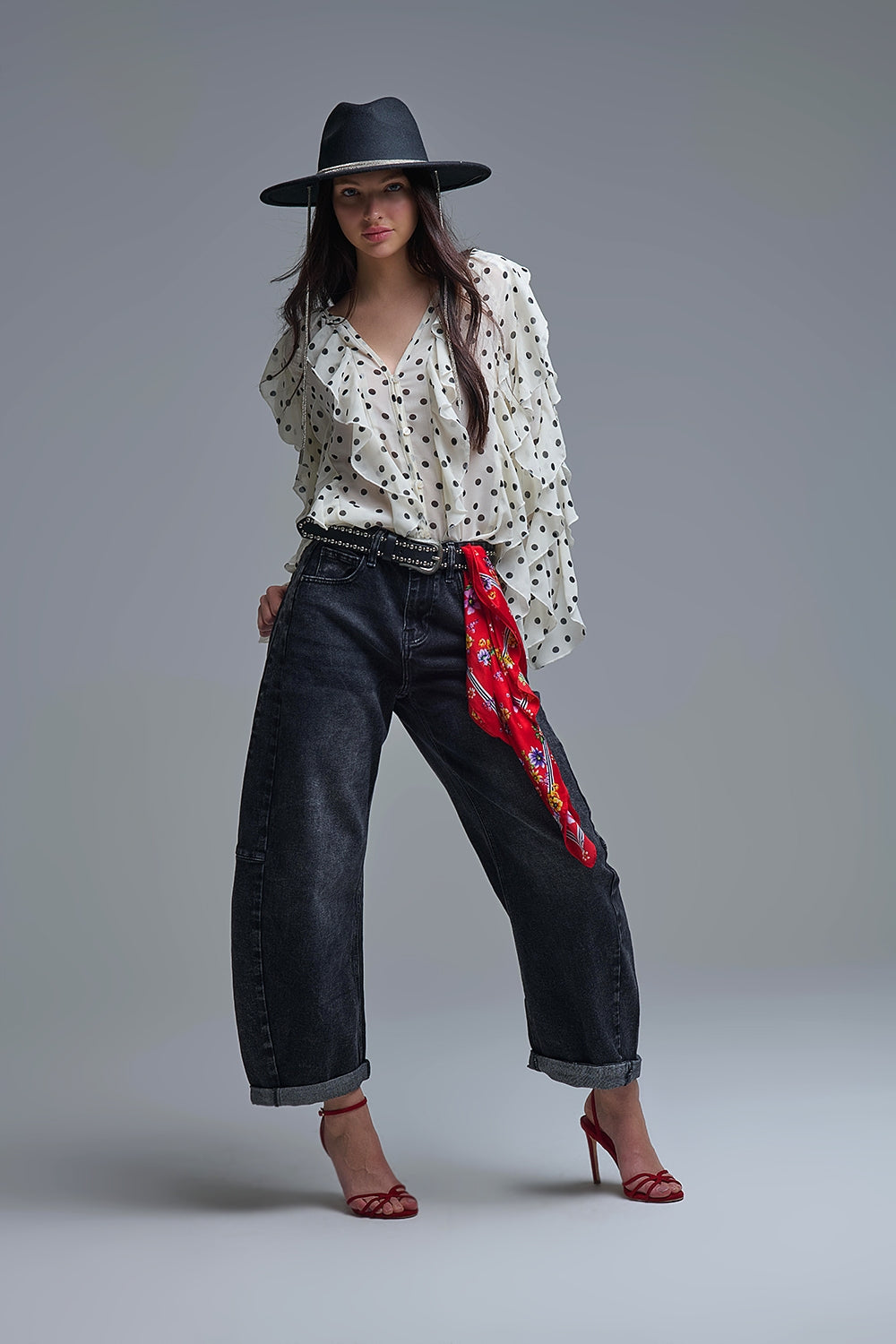 Polka Dot Button-Up chiffon Shirt with Ruffles - Shirts