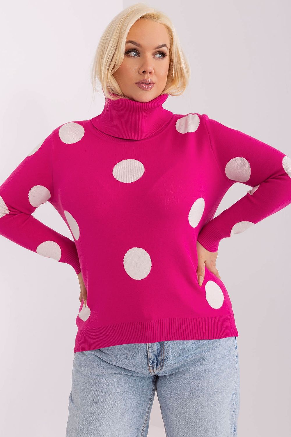 Factory Price Polka Dot Plus Size High Neck Jumper pink -