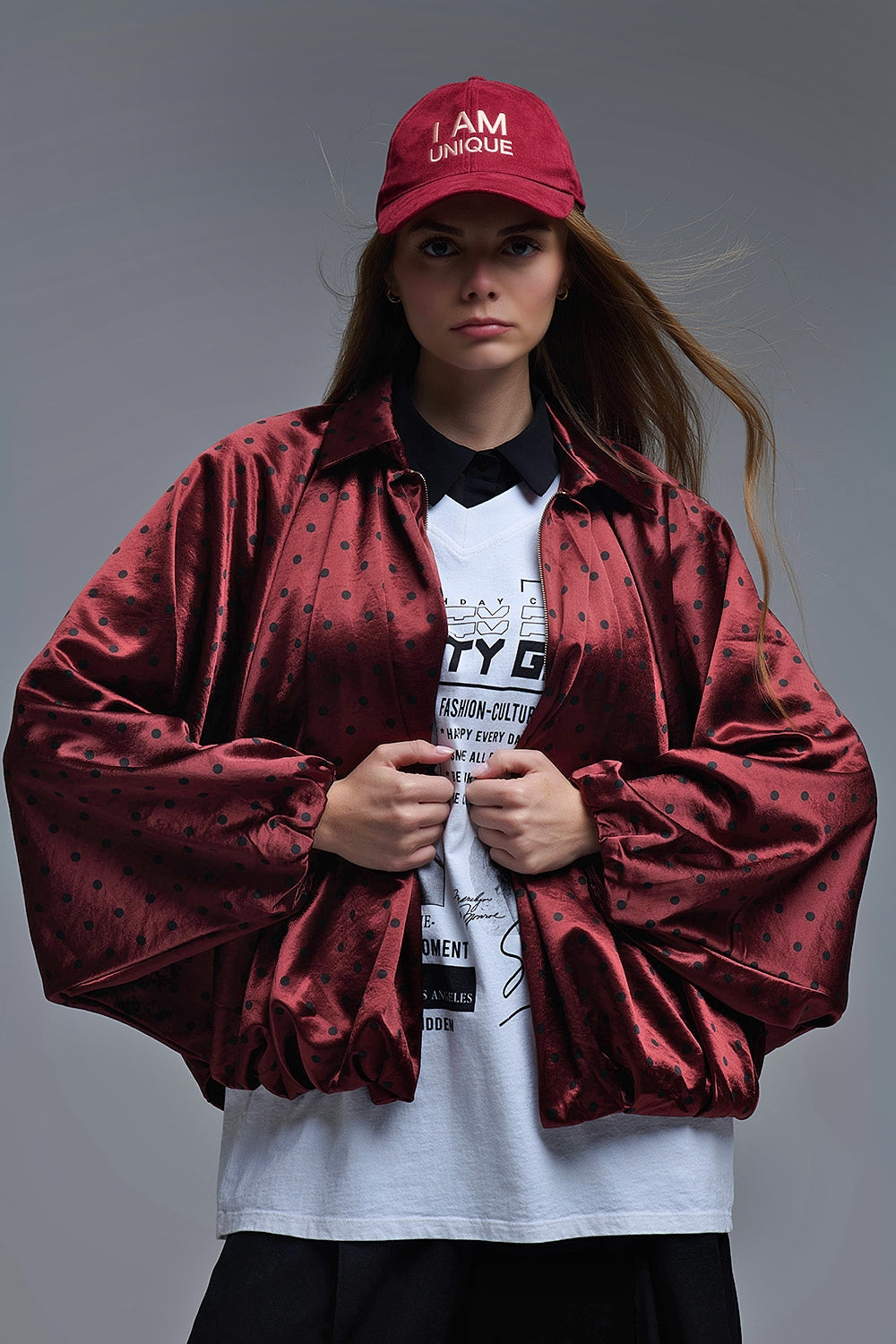 Polka Dot Satin Bommer Jacket in Burgundy - Coats and Jackets