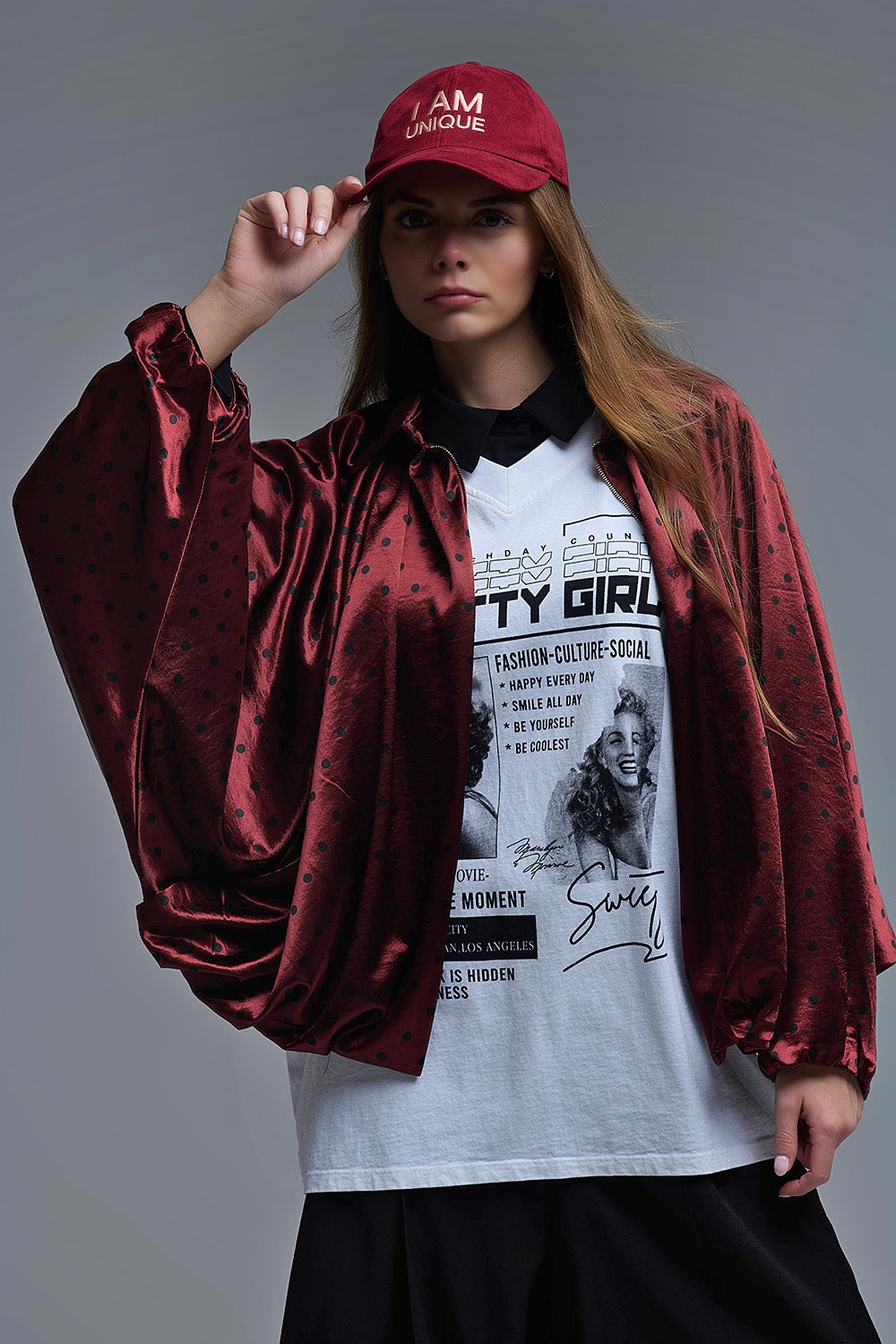 Polka Dot Satin Bommer Jacket in Burgundy - Coats and Jackets