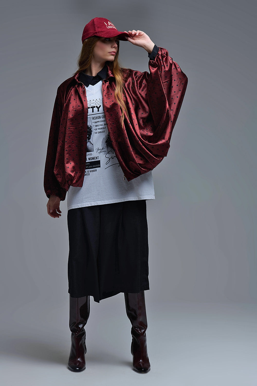 Polka Dot Satin Bommer Jacket in Burgundy - Coats and Jackets