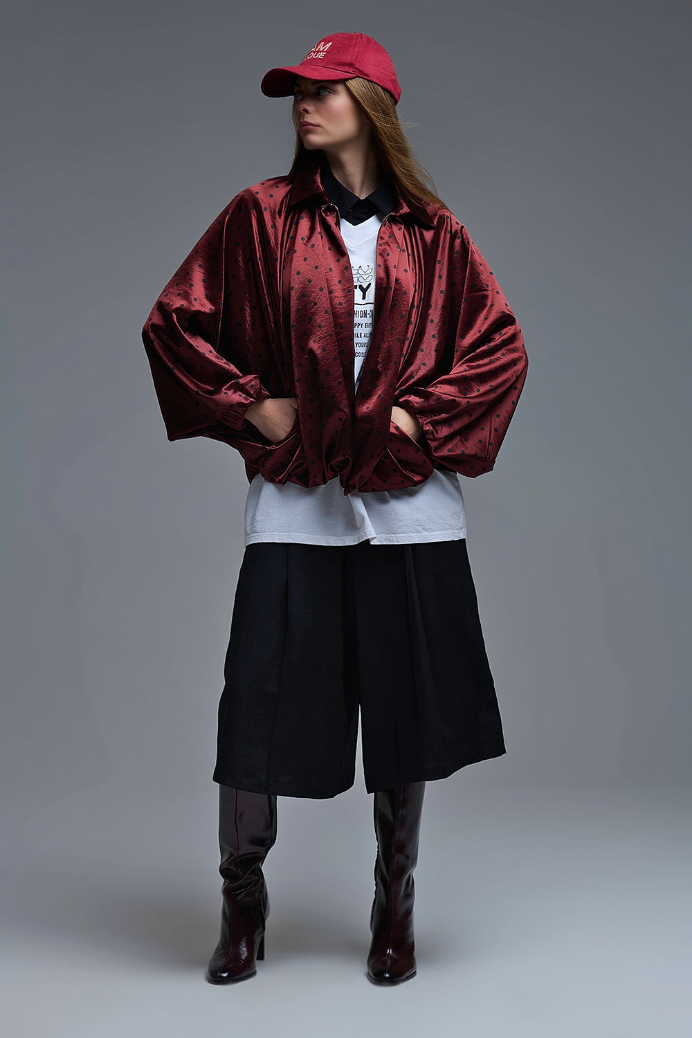 Polka Dot Satin Bommer Jacket in Burgundy - Coats and Jackets