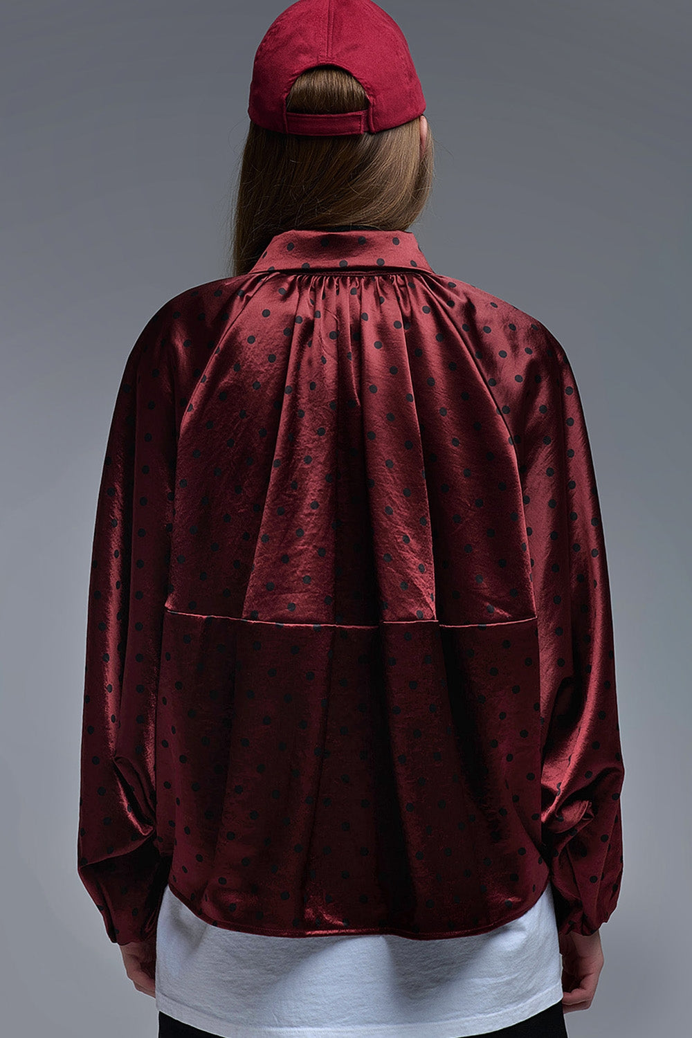 Polka Dot Satin Bommer Jacket in Burgundy - Coats and Jackets