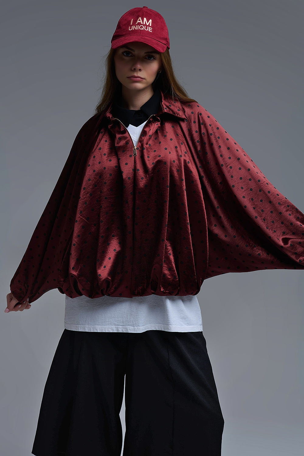 Polka Dot Satin Bommer Jacket in Burgundy - Coats and Jackets