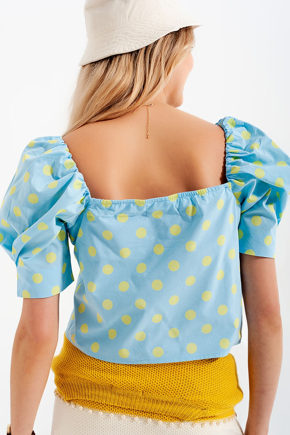Polka dot top with puffed sleeves and square neckline blue and green - Tops