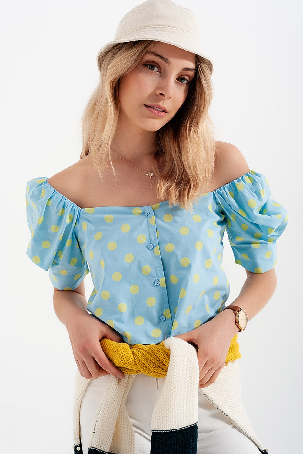 Polka dot top with puffed sleeves and square neckline blue and green - Tops