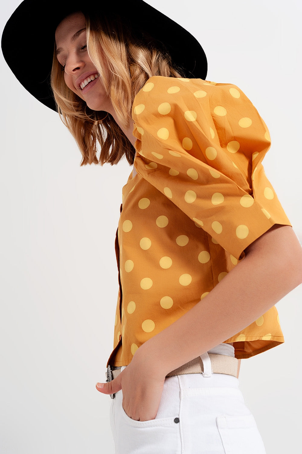 Polka dot top with puffed sleeves and square neckline in yellow - Tops