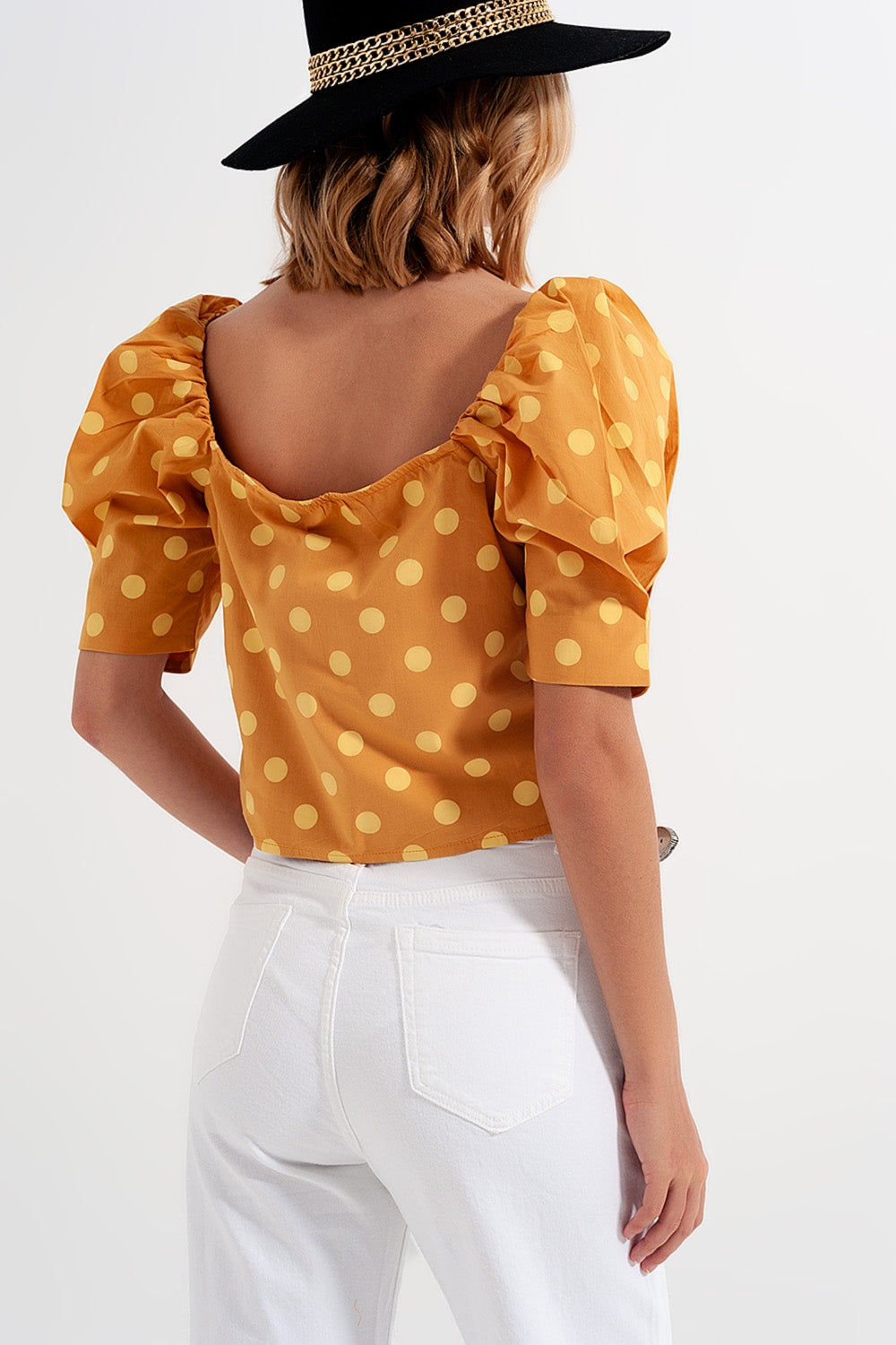 Polka dot top with puffed sleeves and square neckline in yellow - Tops