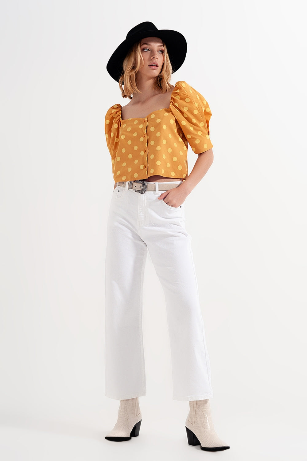 Polka dot top with puffed sleeves and square neckline in yellow - Tops