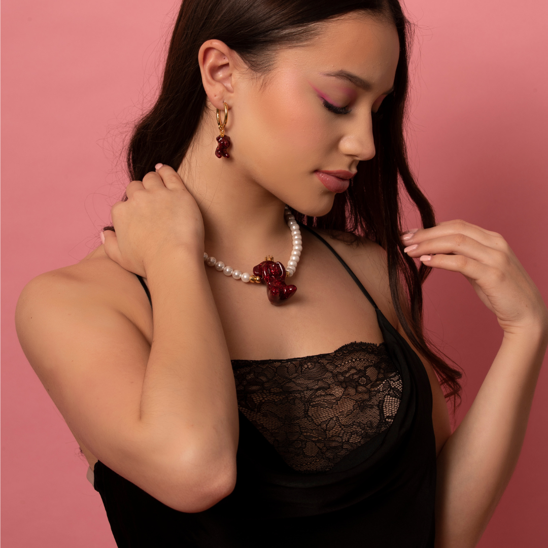 Polyresin Bear Maroon Drop Earrings - EARRINGS