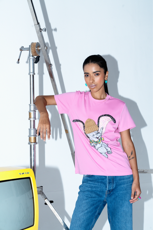 Pop Art Humpty Hand-Embroidered Cotton T-Shirt Pink - T-Shirts