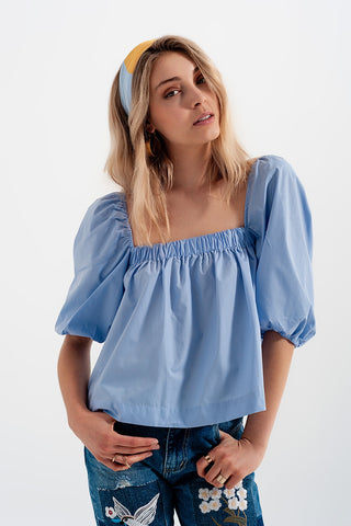 Poplin balloon sleeve top in blue