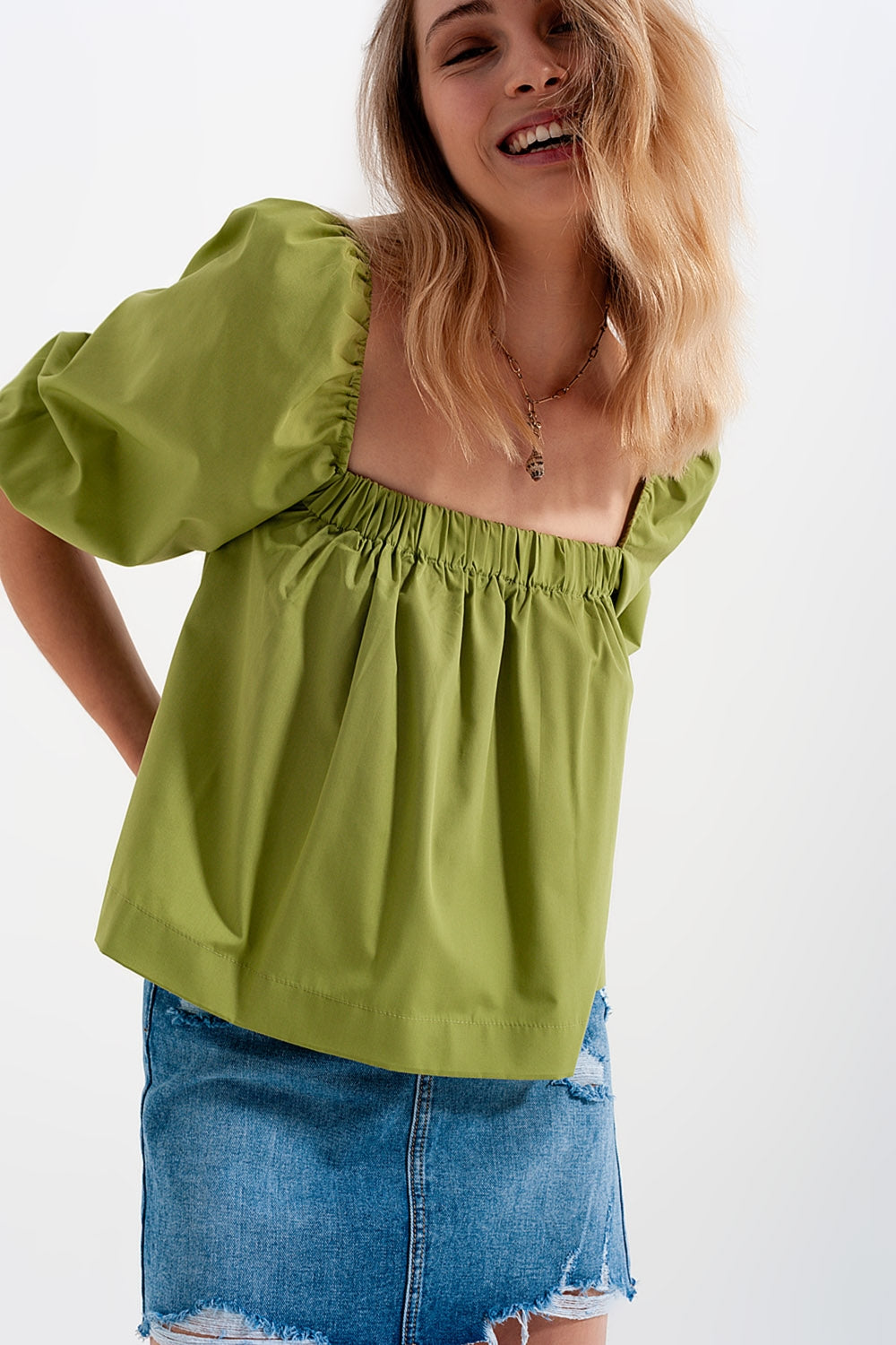 Poplin balloon sleeve top in green - Tops