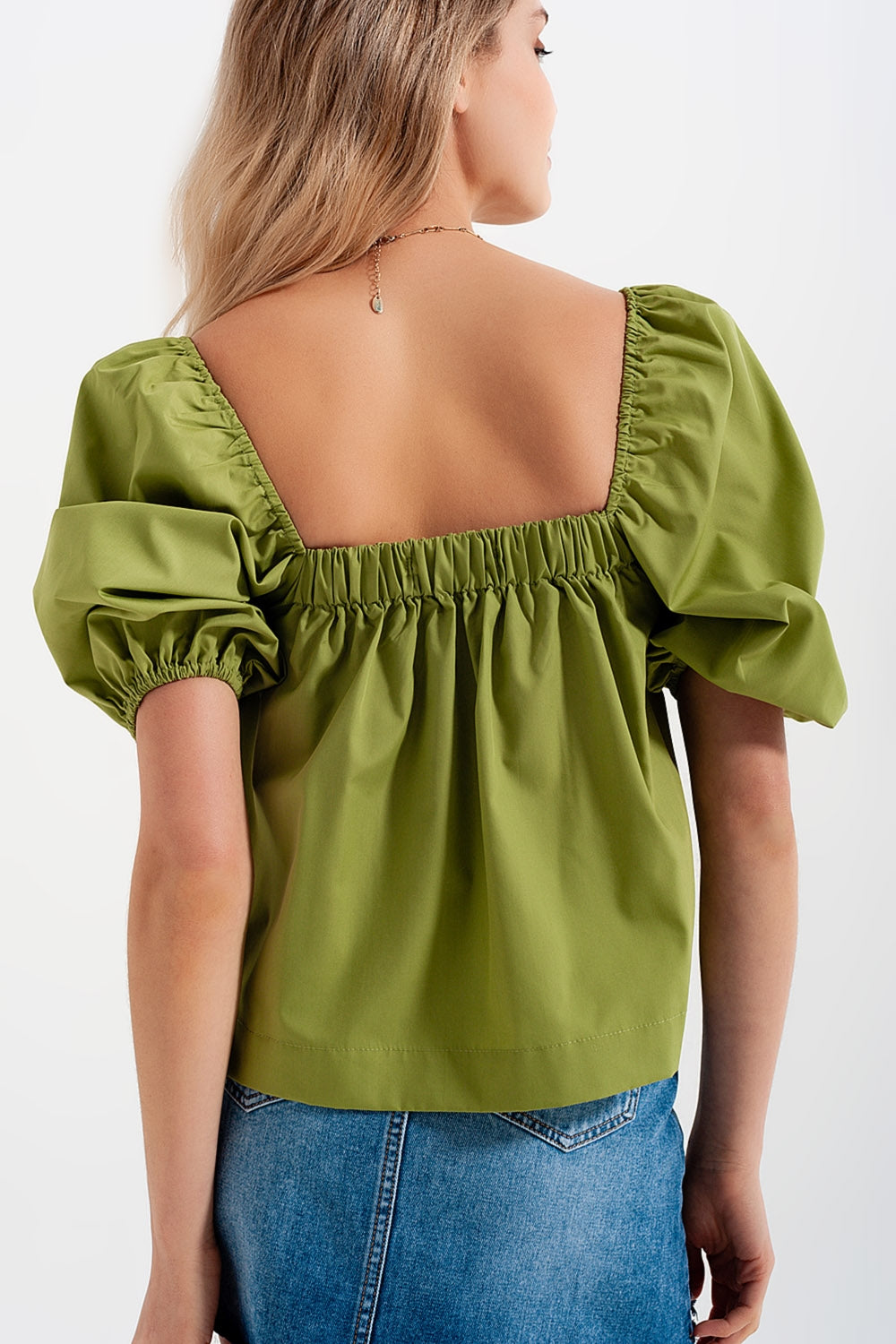 Poplin balloon sleeve top in green - Tops
