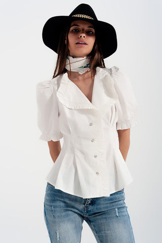 Poplin frill detail wrap blouse in cream