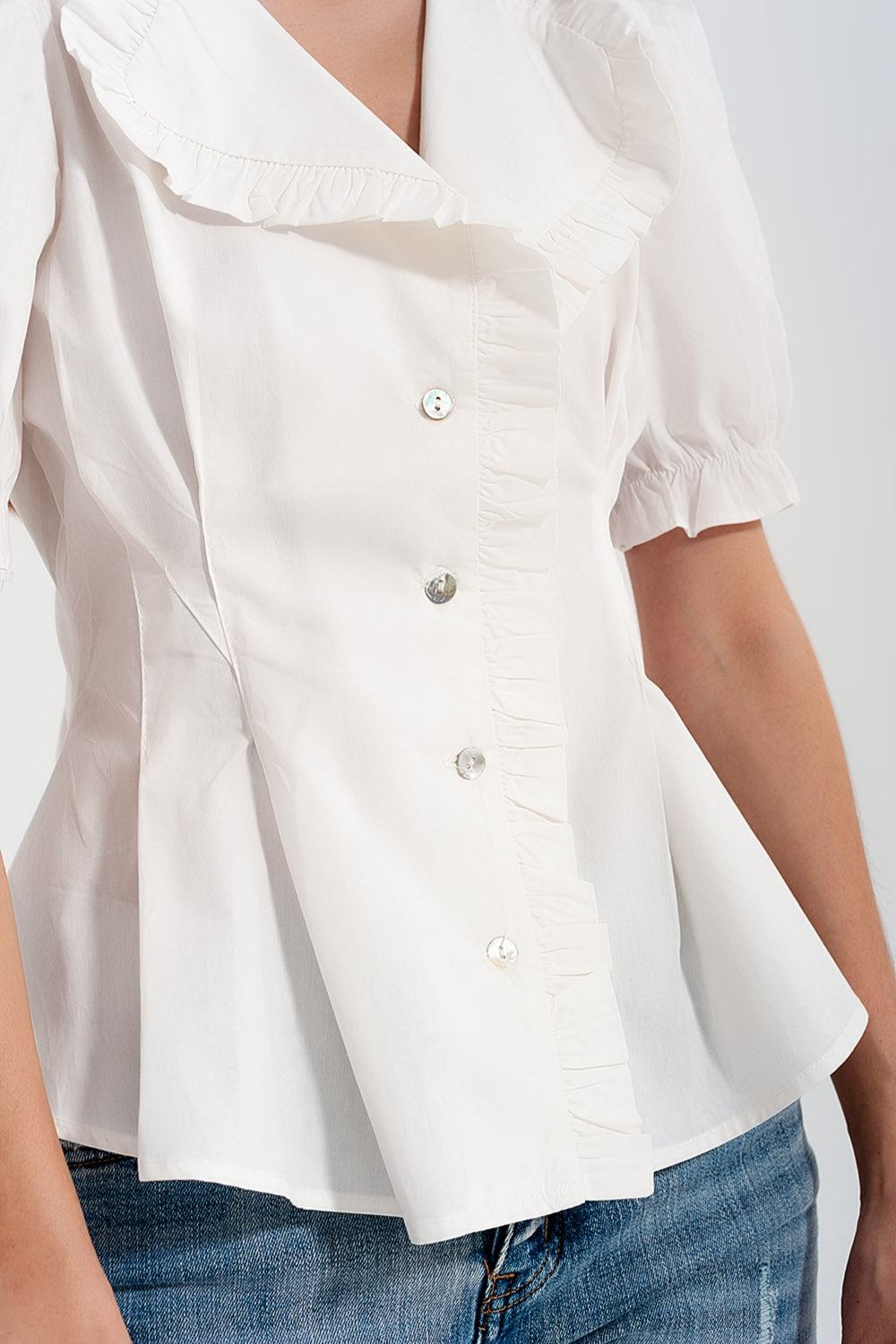 Poplin frill detail wrap blouse in cream - Blouses