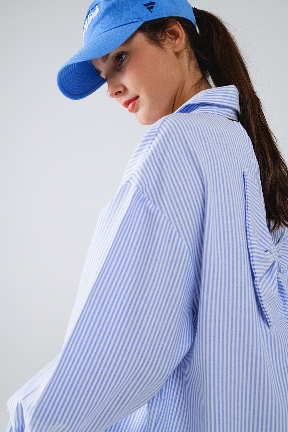Poplin Oversize Striped Shirt With Bow Detail in Blue and White - Shirts