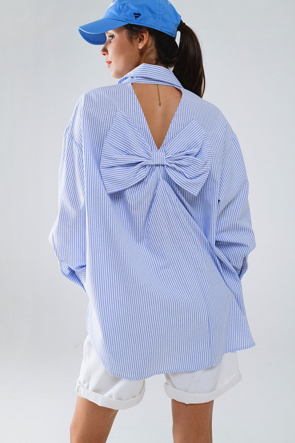 Poplin Oversize Striped Shirt With Bow Detail in Blue and White - Shirts