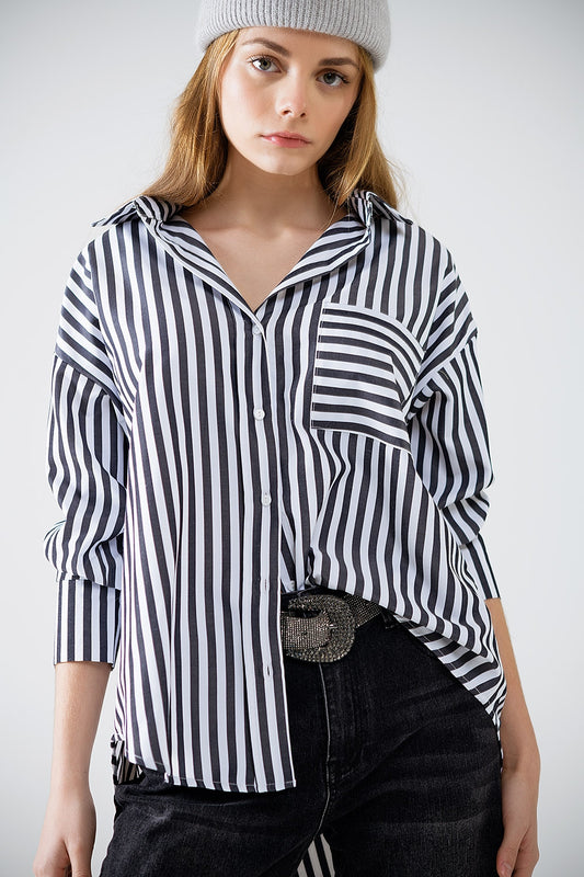 Poplin shirt with vertical stripes in black and chest pocket - Shirts