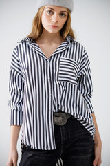 Chemise en popeline à rayures verticales noires et poche poitrine