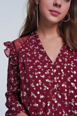 Print ruffle shoulder maroon shirt