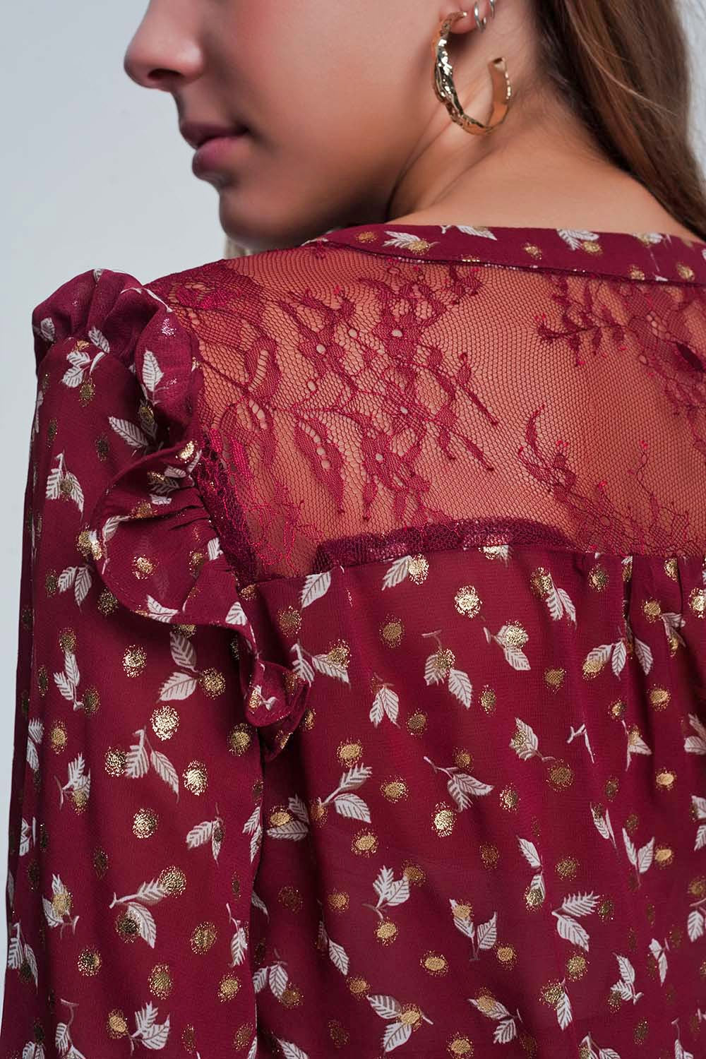 Print ruffle shoulder maroon shirt - Shirts