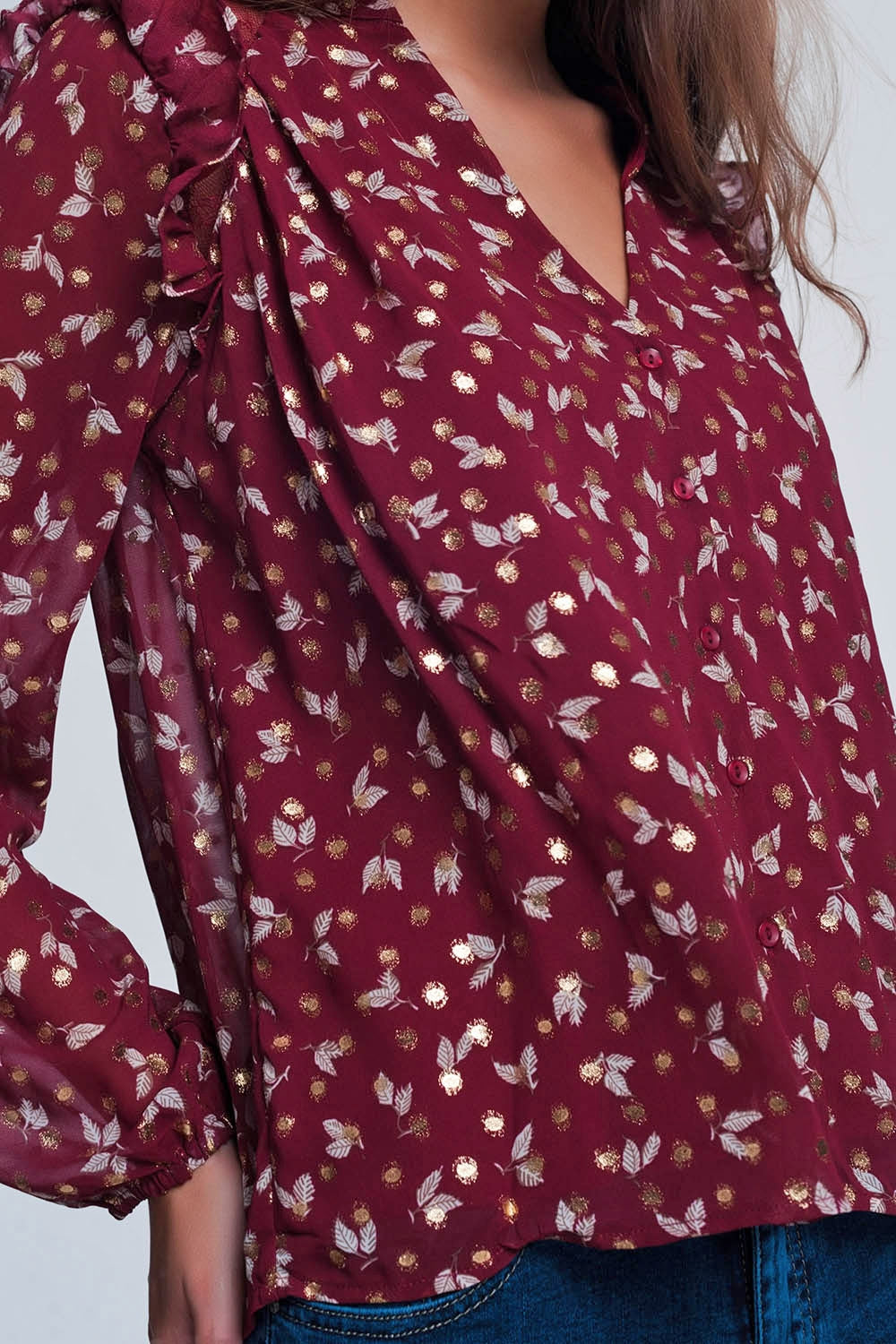Print ruffle shoulder maroon shirt - Shirts