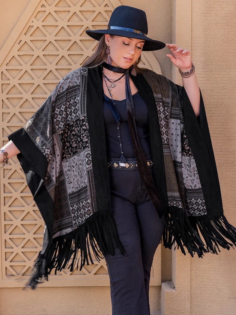 Plus Size Printed Fringe Open Front Outerwear - Coats