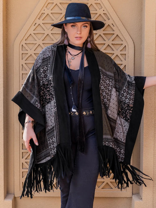 Plus Size Printed Fringe Open Front Outerwear Black - Coats