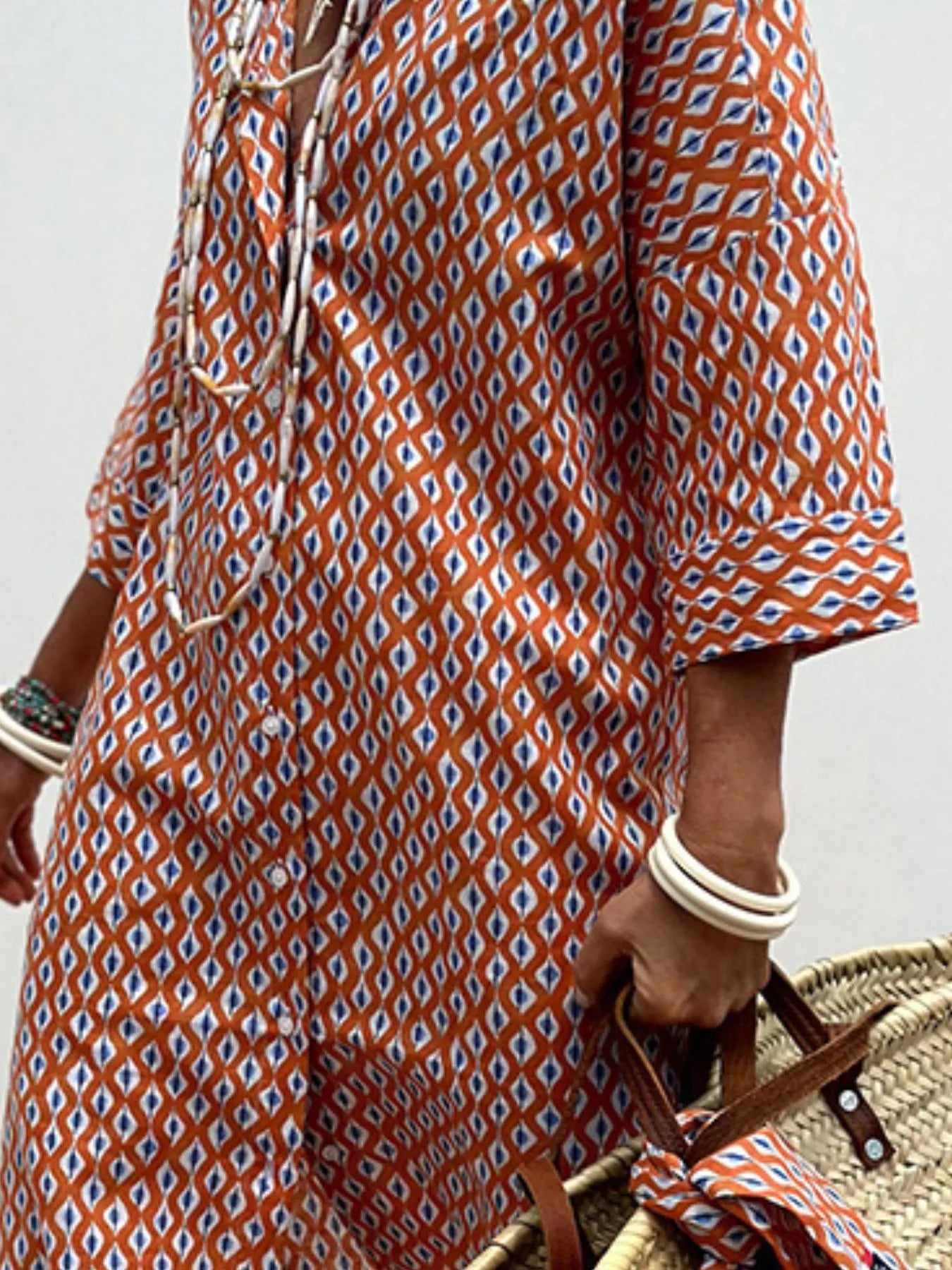 Full Size Printed Button-Down Midi Dress Plus Size - Dresses