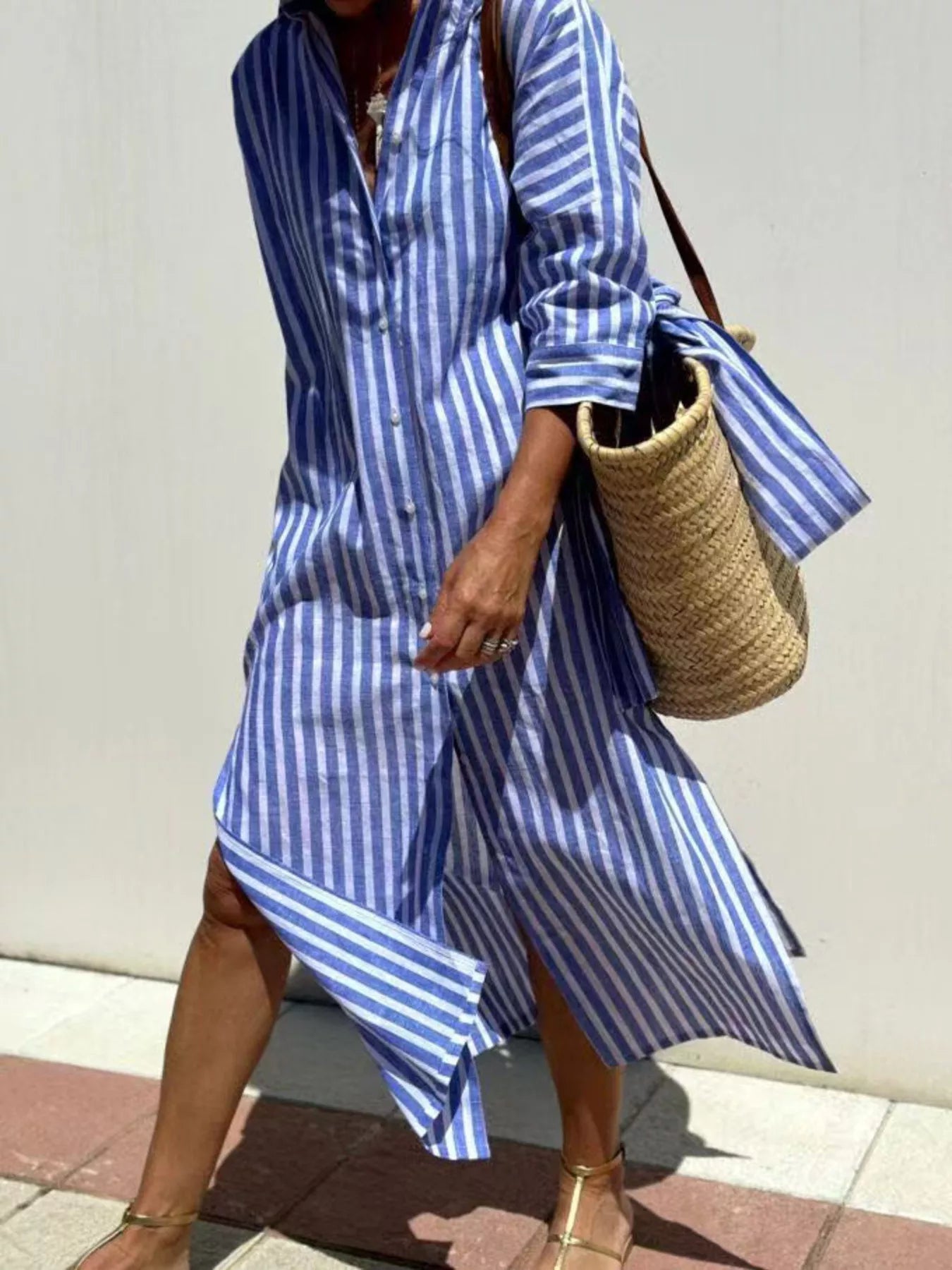 Full Size Printed Button-Down Midi Dress Plus Size Blue - Dresses