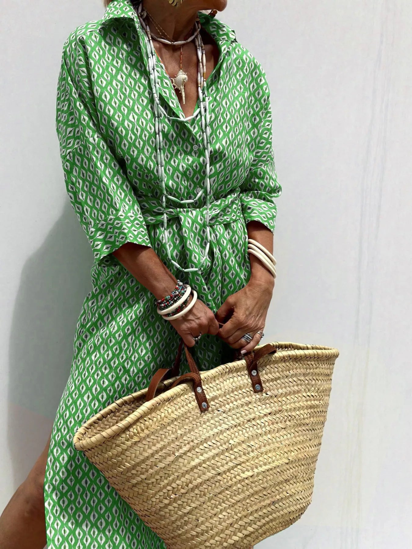 Full Size Printed Button-Down Midi Dress Plus Size Green - Dresses
