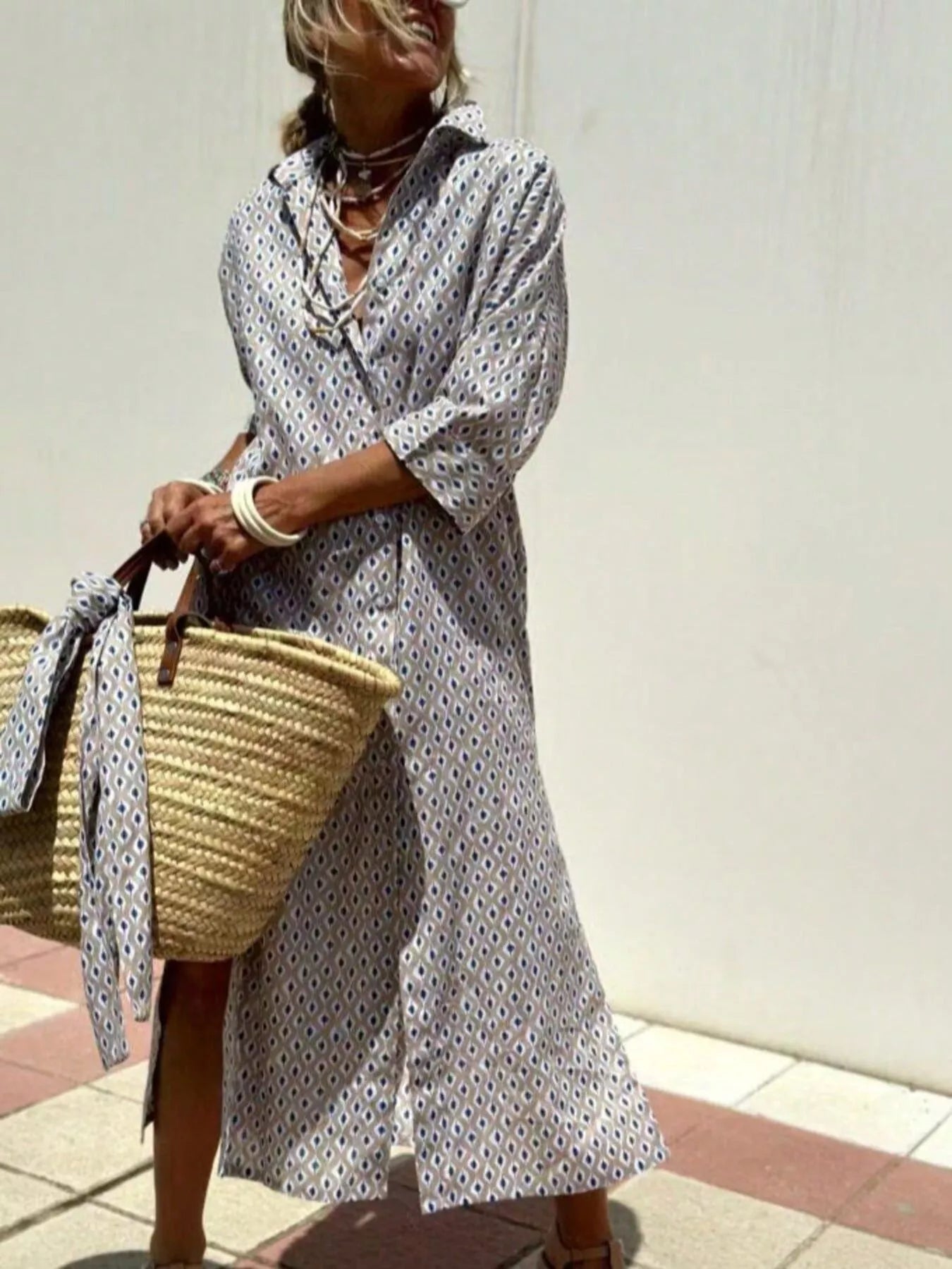 Full Size Printed Button-Down Midi Dress Plus Size Gray - Dresses