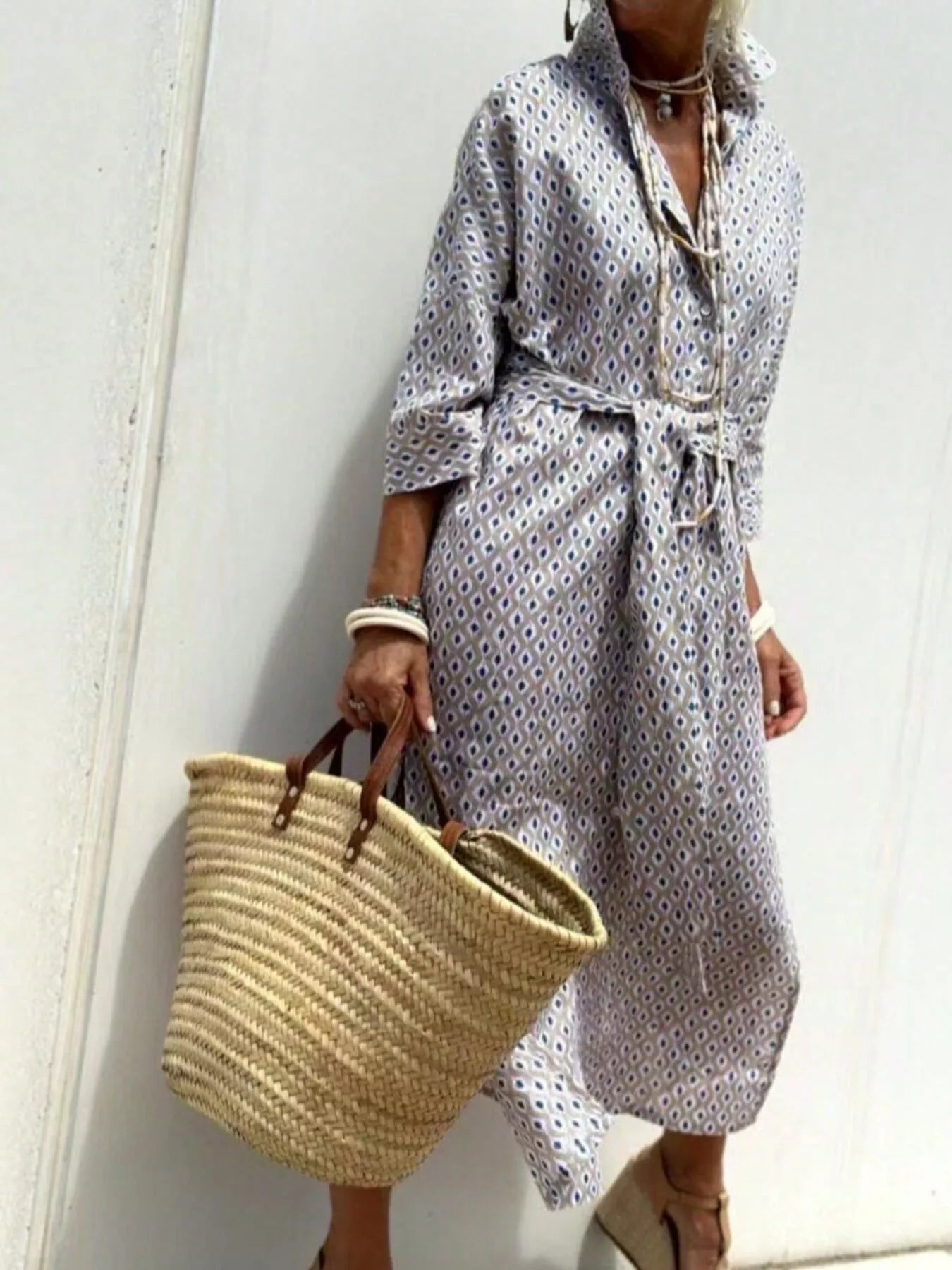 Full Size Printed Button-Down Midi Dress Plus Size - Dresses