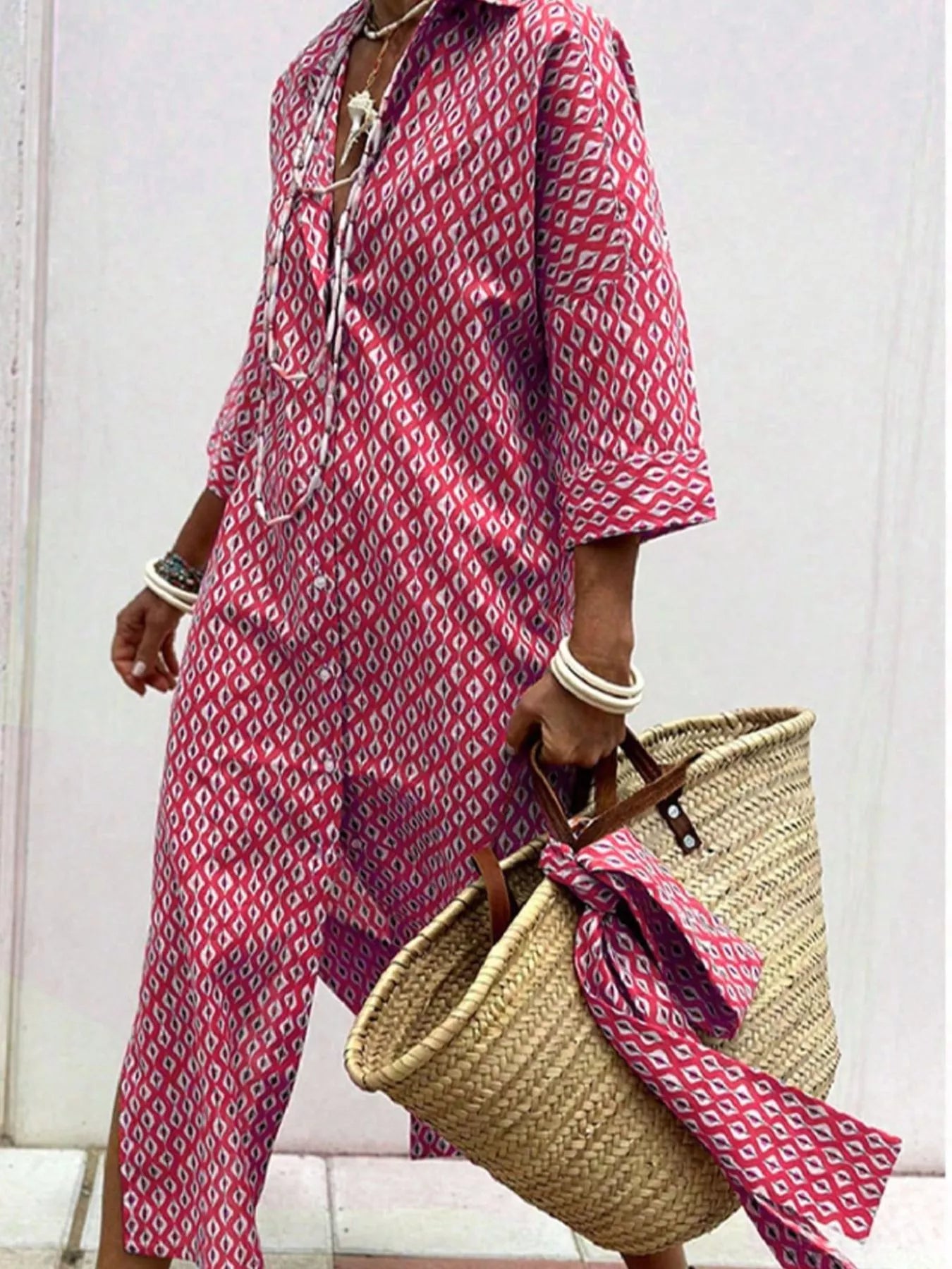 Full Size Printed Button-Down Midi Dress Plus Size Fuchsia Pink - Dresses