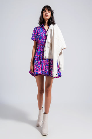 Printed mini dress with tie waist in purple