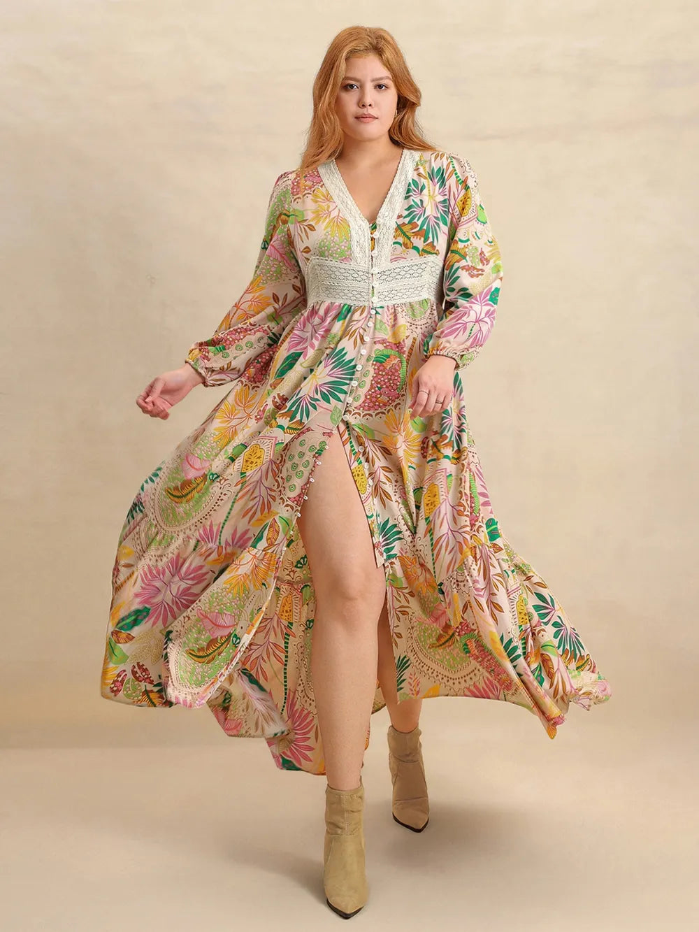 Plus Size Lace Detail Printed V-Neck Balloon Sleeve Dress - Dresses