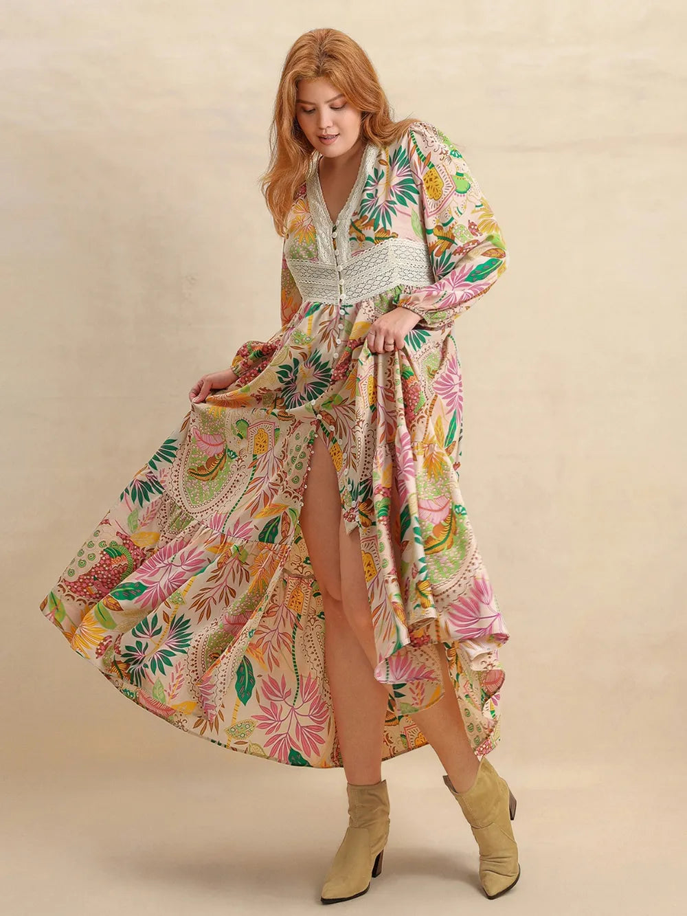 Plus Size Lace Detail Printed V-Neck Balloon Sleeve Dress - Dresses