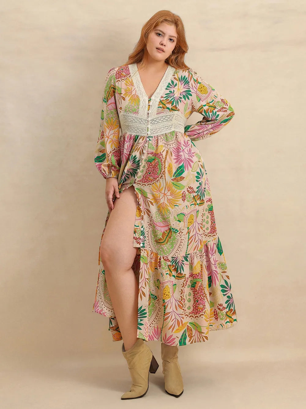 Plus Size Lace Detail Printed V-Neck Balloon Sleeve Dress - Dresses