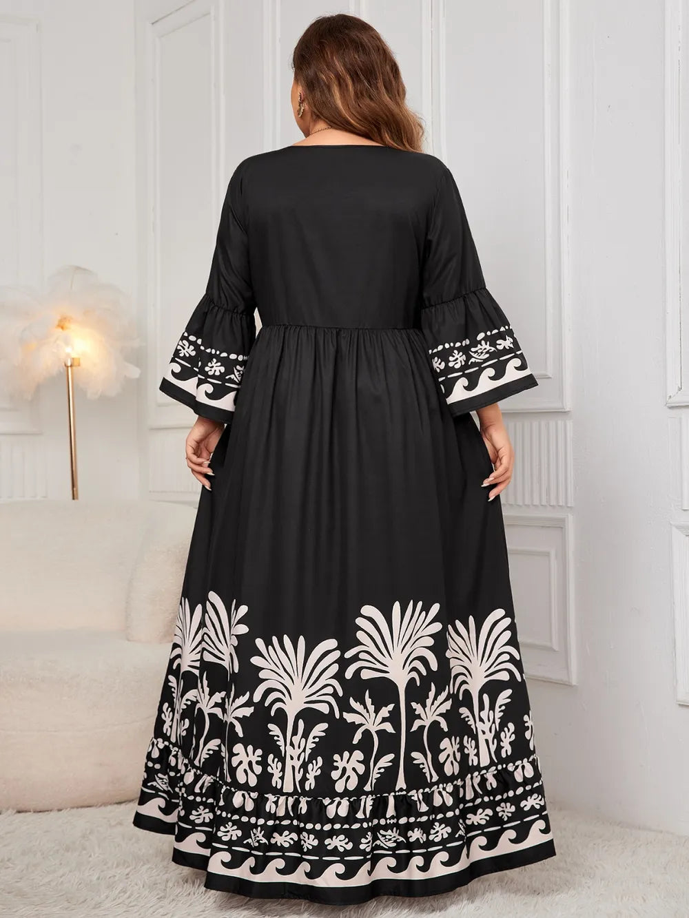 Honey Plus Size Printed V-Neck Long Sleeve Maxi Dress - Dresses