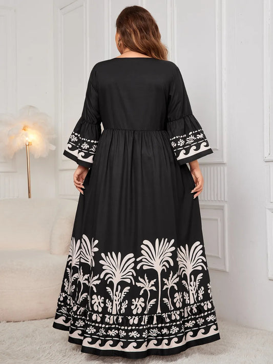 Honey Plus Size Printed V-Neck Long Sleeve Maxi Dress - Dresses