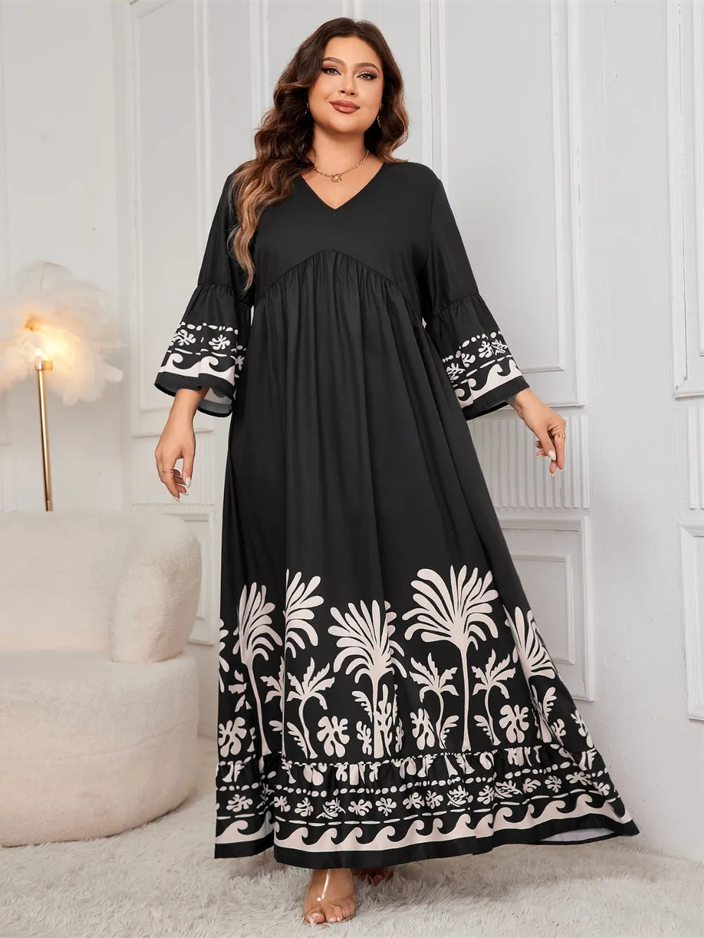Honey Plus Size Printed V-Neck Long Sleeve Maxi Dress - Dresses