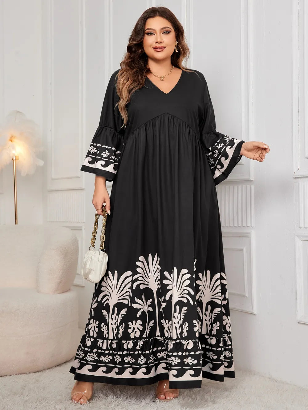 Honey Plus Size Printed V-Neck Long Sleeve Maxi Dress - Dresses