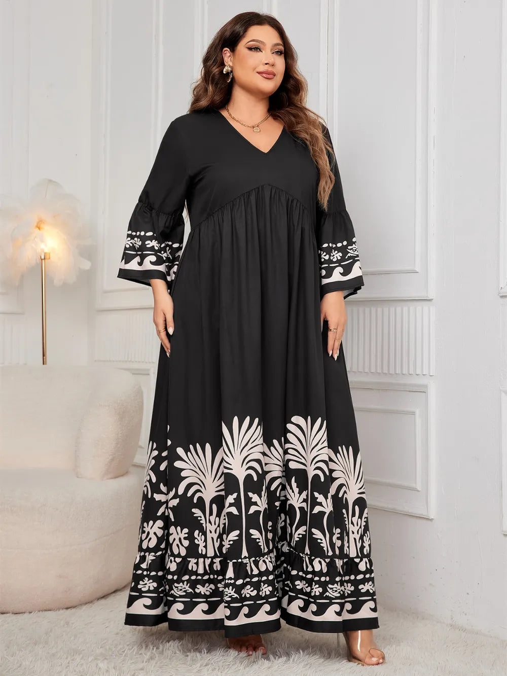 Honey Plus Size Printed V-Neck Long Sleeve Maxi Dress - Dresses