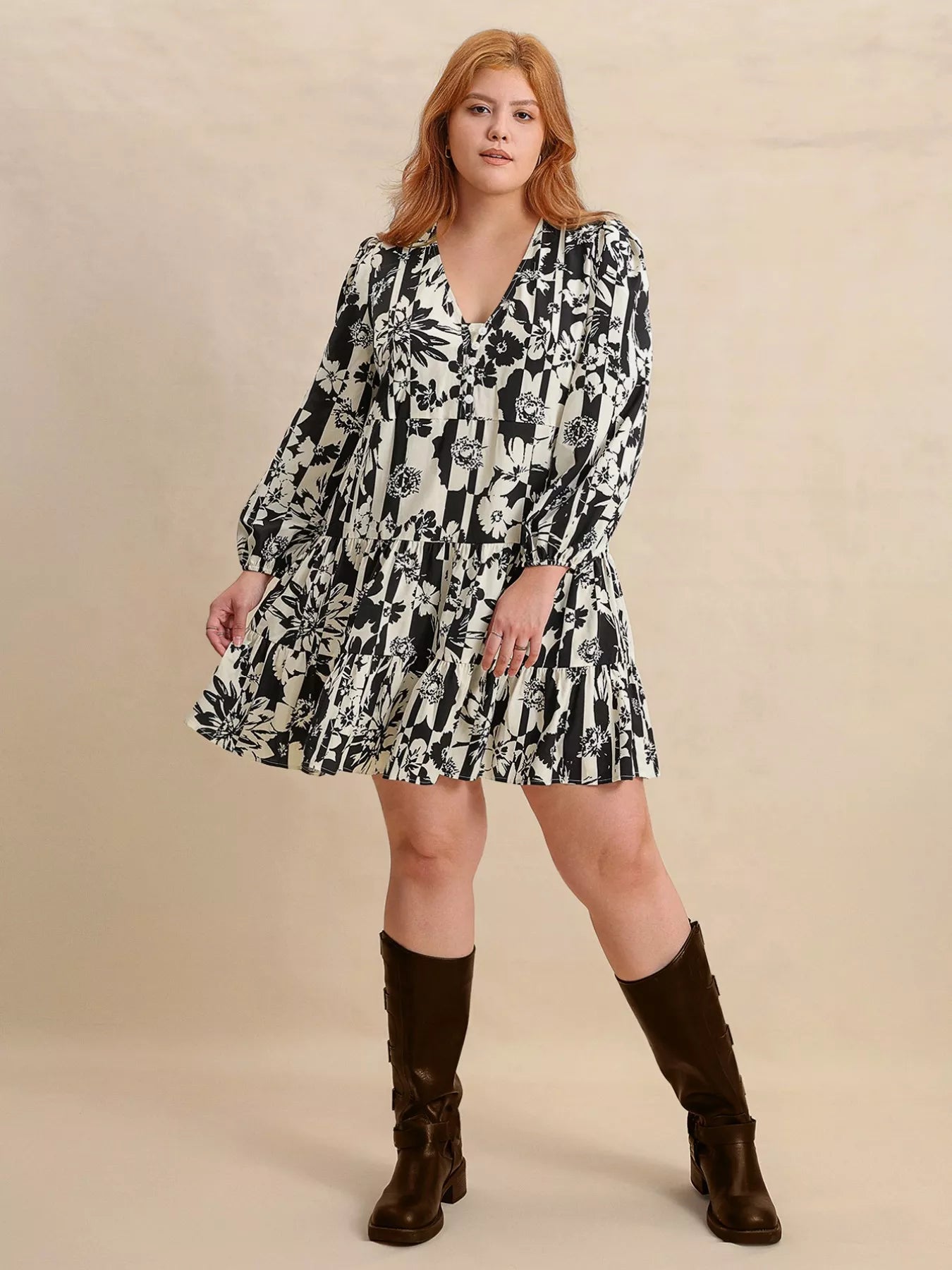 Plus Size Printed V-Neck Long Sleeve Mini Dress - Dresses
