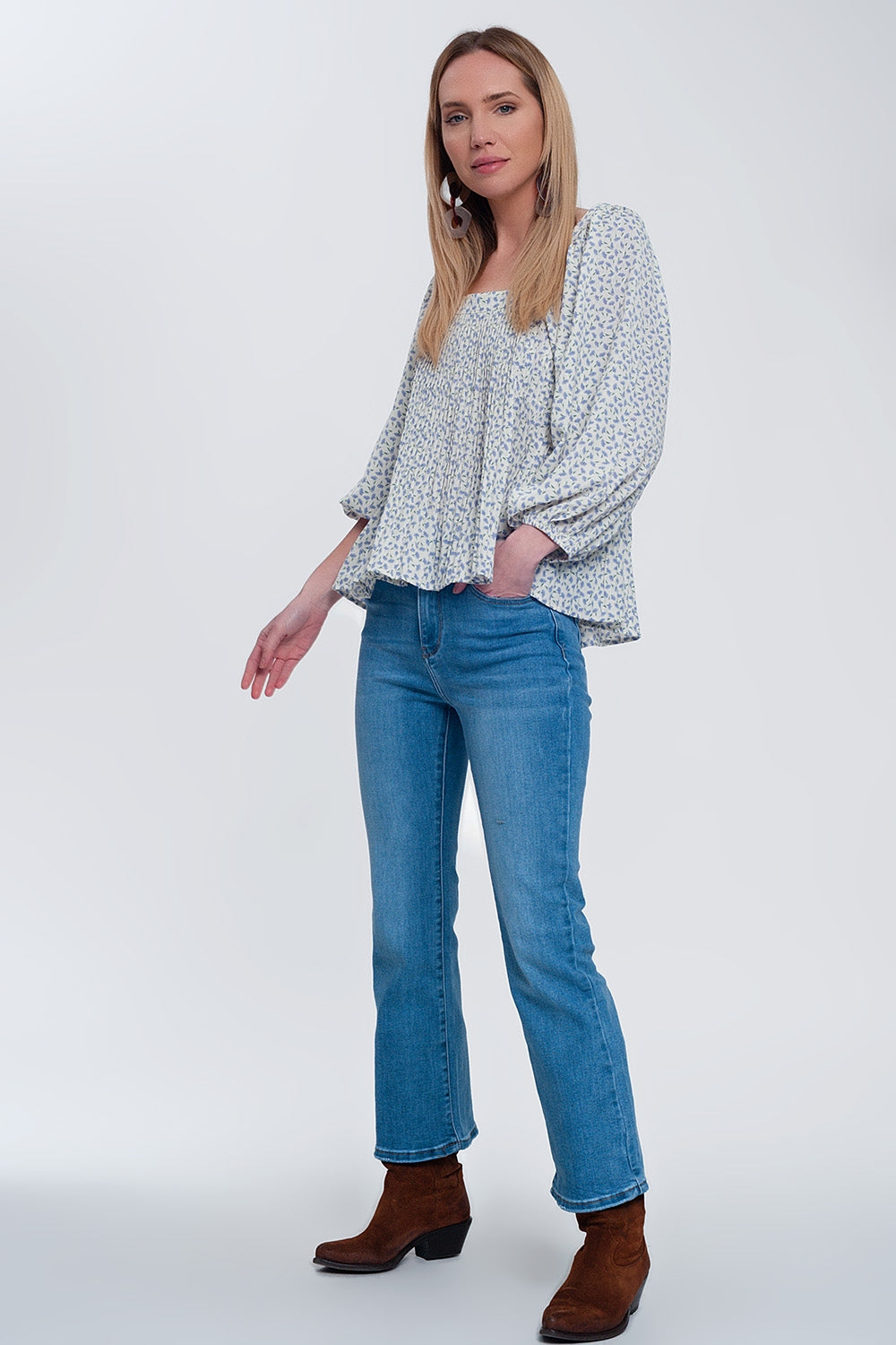 puff sleeve top with square neck in blue floral print - Tops
